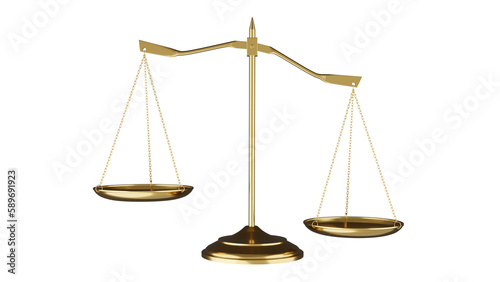 Golden imbalance Libra scales of justice isolated on transparent background. Scales concept. 3D render photo