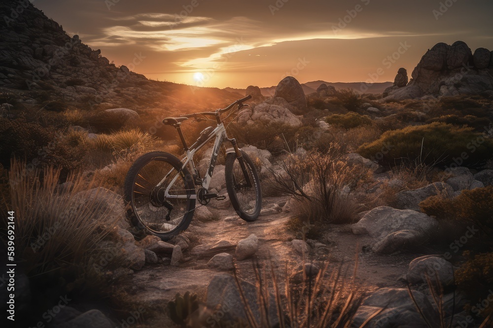 Wide angle view of a mountain biker speeding downhill on a mountain bike track, generative ai Wide angle view of a mountain biker speeding downhill on a mountain bike track, generative ai