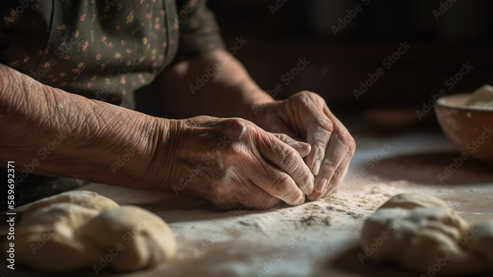 Old Italian woman making traditional homemade italian pasta, kneading dough, hands close-up shot