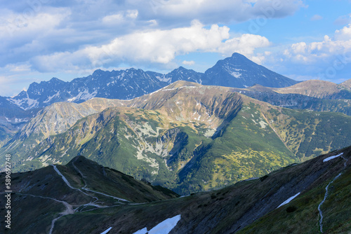 Mountain landscape with a view of the panorama of the peaks of the High Tatras