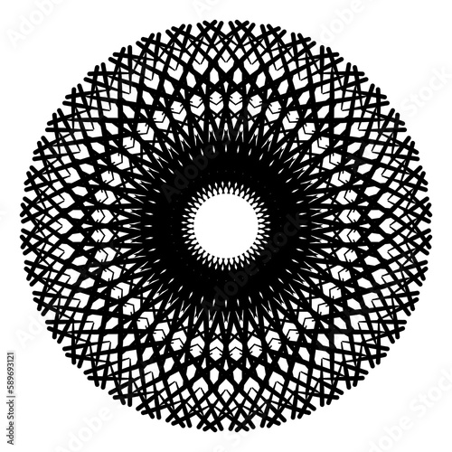 Circular black and white geometric floral rosette style ornament element design on transparent background 