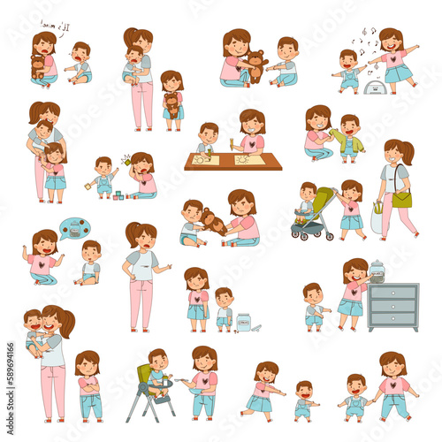 Family Relations with Siblings Playing Toys and Warring with Each Other Big Vector Set