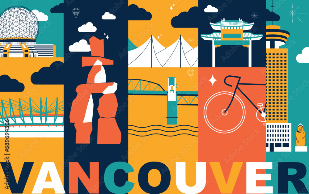 Naklejka premium Typography word Vancouver branding technology concept. Collection of flat vector web icons. Canadian culture travel set, architectures, specialties detailed silhouette American famous landmark