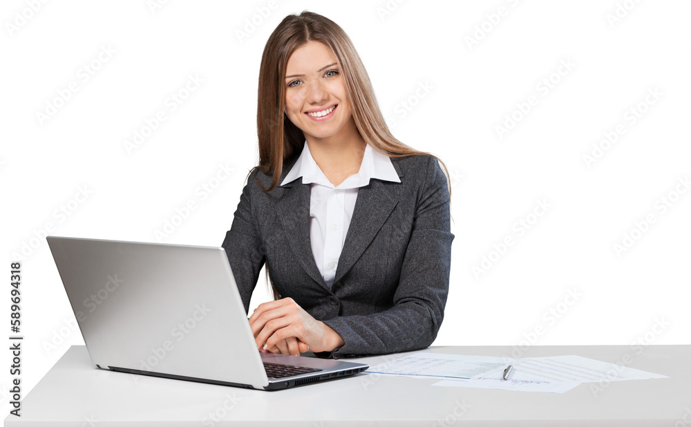 Portrait of a young businesswoman with laptop on background Portrait of a young businesswoman with laptop on background