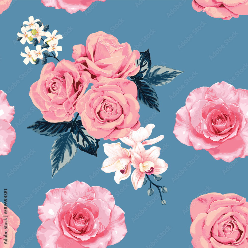 Seamless pattern floral with pink rose and Orchid flowers abstract background.Vector illustration watercolor hand drawning. Seamless pattern floral with pink rose and Orchid flowers abstract background.Vector illustration watercolor hand drawning.
