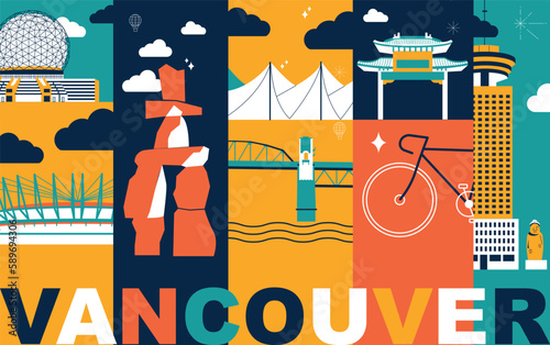 Typography word Vancouver branding technology concept. Collection of flat vector web icons. Canadian culture travel set, architectures, specialties detailed silhouette American famous landmark