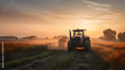 John Deere tractor working a field on a farm at sunset  generative ai  