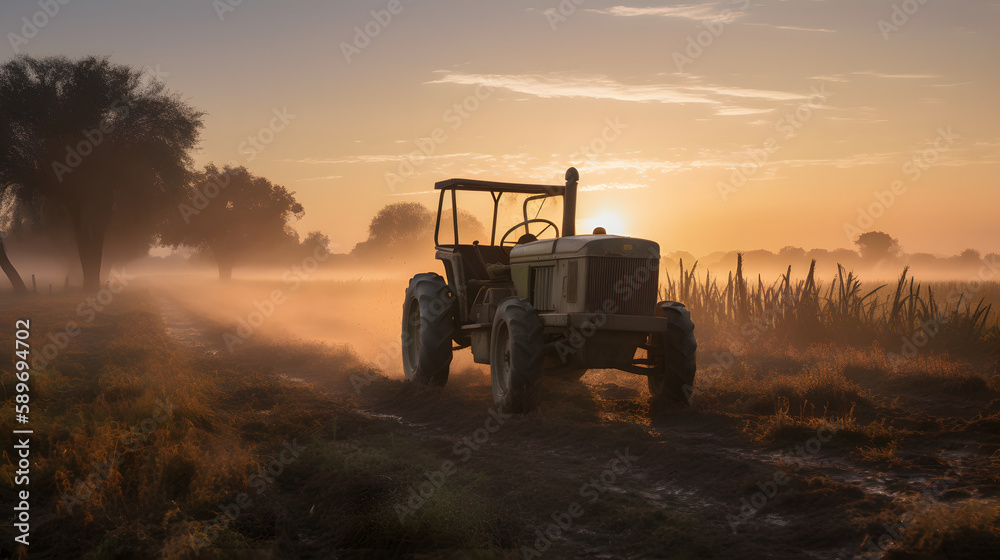 John Deere tractor working a field on a farm at sunset, generative ai
John Deere tractor working a field on a farm at sunset, generative ai