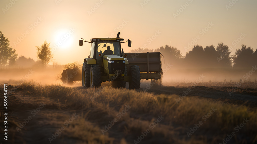 Fototapeta premium John Deere tractor working a field on a farm at sunset, generative ai 