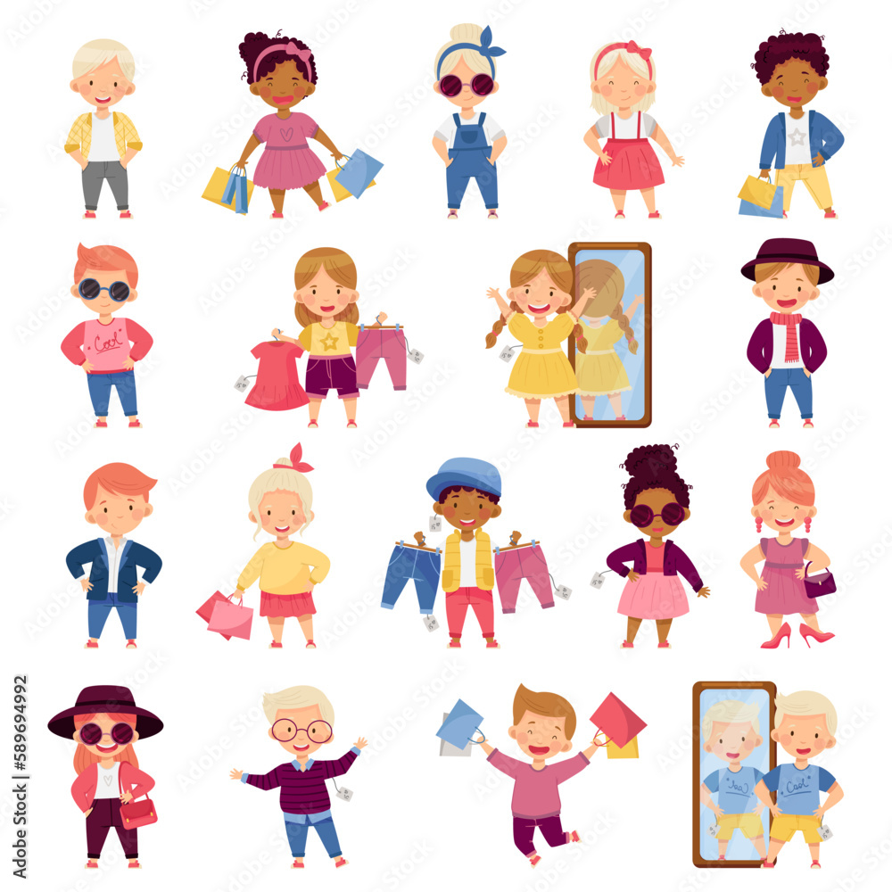 Little Kids Wearing Different Fashion Clothes Fitting New Stylish Look Big Vector Set