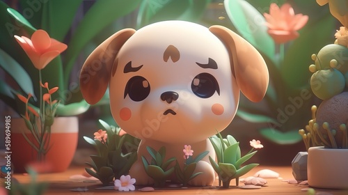 Cute Puppy Dog Kawaii Anime with Plants. Generative AI