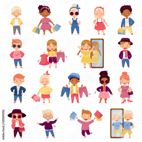 Little Kids Wearing Different Fashion Clothes Fitting New Stylish Look Big Vector Set