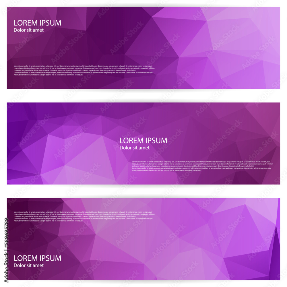 Low poly grid abstract holographic backgrounds with purple polygons, triangles. Violet geometric banners, tile backdrop.