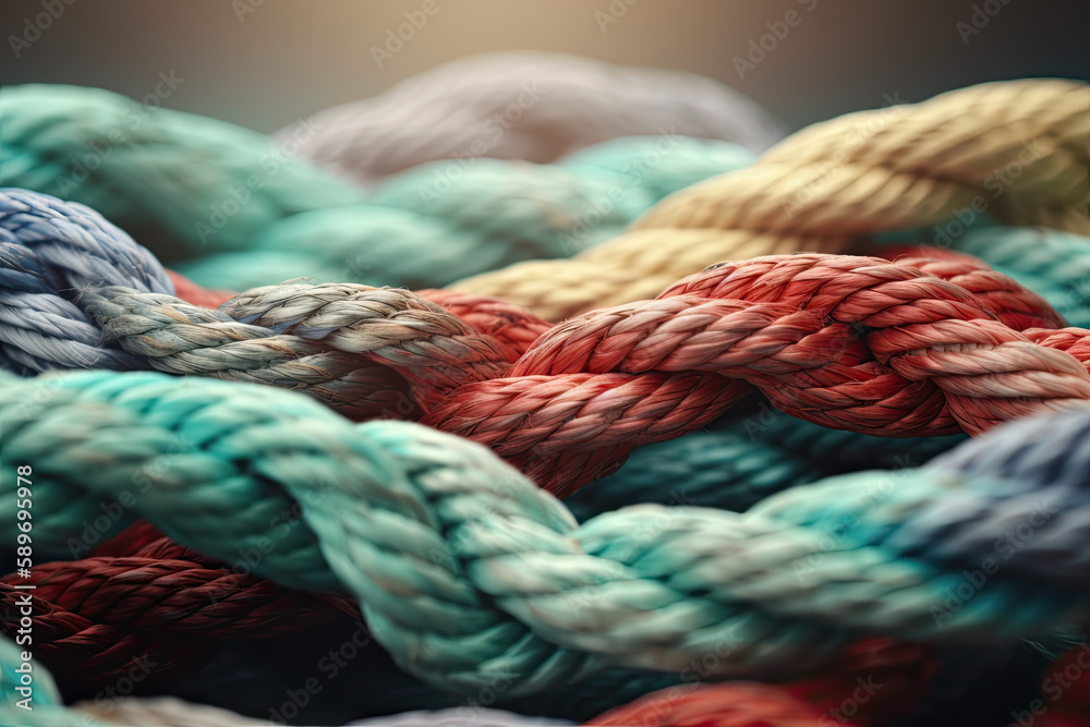 Close-up texture of multicolored ropes, created with Generative AI