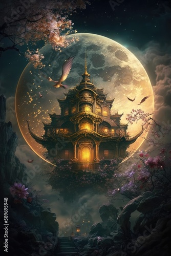 Gorgeous golden Chinese palace, Chinese style, overlooking, fairy tale, surrounded by roses, dragons and phoenixes chasing the moon in the sky - generative ai