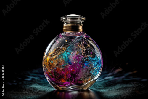Glass perfume bottle with colorful streaks on a dark background, created with Generative AI