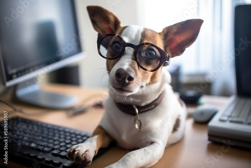 Confident terrier with glasses is sitting at an office desk, created with Generative AI © sommersby