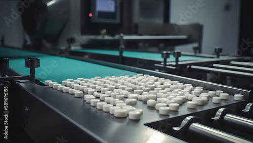 tablets on the production line. medicine production Generative AI
