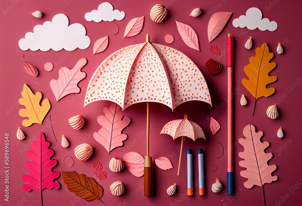smiling clouds umbrellas and fallen leaves abstract children`s drawing pattern 2 on a pink background. Generative AI