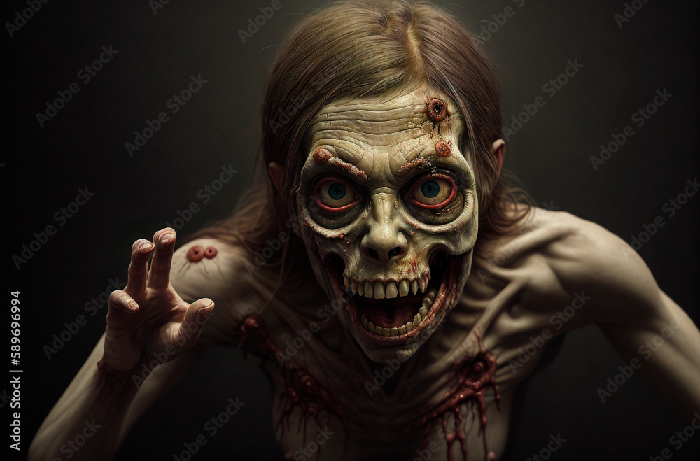 Scary zombie girl on dark background. Halloween. Horror film. Generative AI.