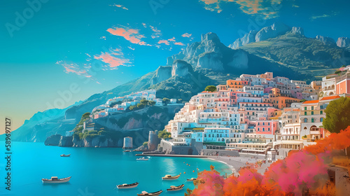 Morning view of the small town of Positano on the Mediterranean coast, Italy