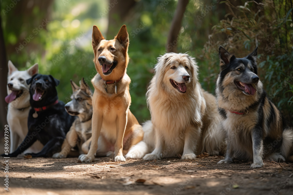 A group of playful dogs take a moment to relax in the shade, their tongues out and tails wagging in contentment. Generative AI A group of playful dogs take a moment to relax in the shade, their tongues out and tails wagging in contentment. Generative AI