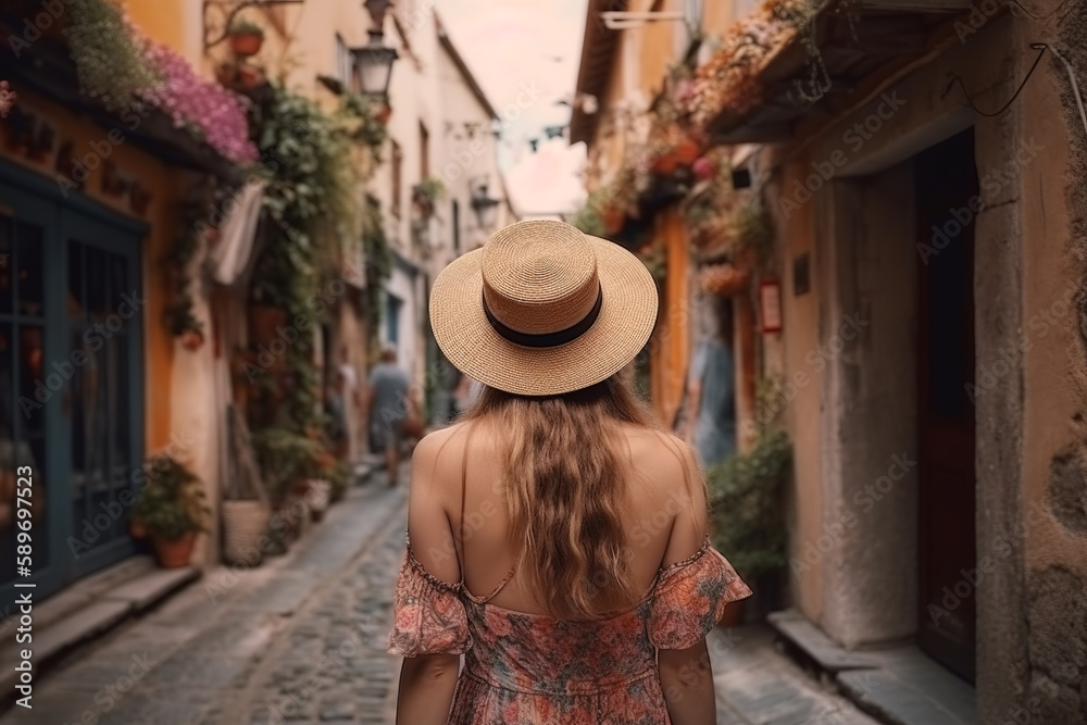 Boho girl walking at a quaint village with narrow streets and charming storefronts, rear view. Travel light with ease and let nature guide you concept. Generative AI