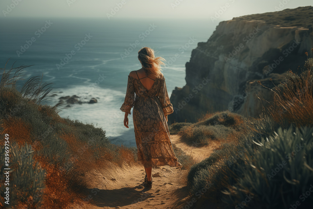 Boho girl walking at a rocky seaside cliff with ocean views, rear view. Travel light with ease and let nature guide you concept. Generative AI