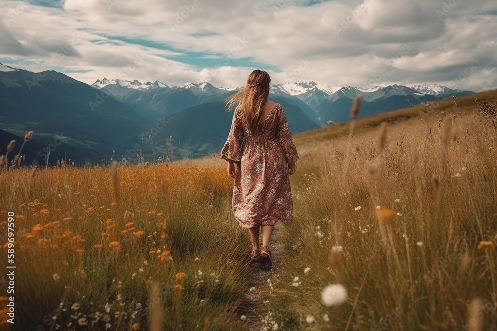 Boho girl walking at a wildflower filled meadow with views of snow capped mountains, rear view. Travel light with ease and let nature guide you concept. Generative AI