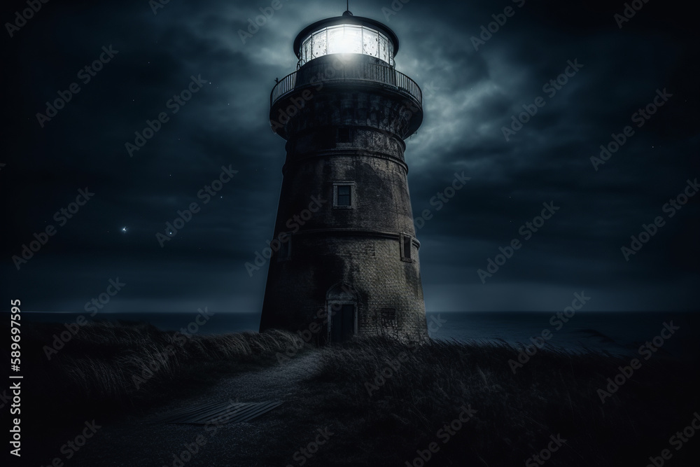 A dark and eerie lighthouse stands tall in the night, with a bright and ominous light shining from its tower. Generative AI