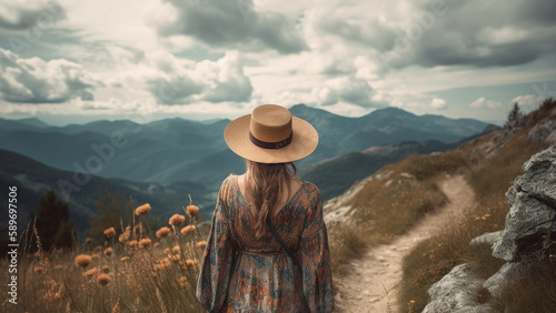 Boho girl walking at a mountain trail with stunning vistas and fresh alpine air, rear view. Travel light with ease and let nature guide you concept. Generative AI