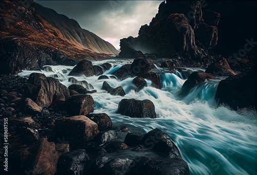 A river cascading over boulders and creating rapids in Iceland - Generative AI