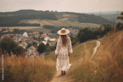 Boho girl walking at a picturesque countryside with rolling hills and quaint farms, rear view. Travel light with ease and let nature guide you concept. Generative AI