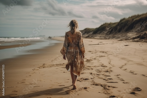 A boho girl walking at a sandy beach  surrounded by ocean and breathtaking cliffs views  rear view. Travel light with ease and let nature guide you concept. Generative AI