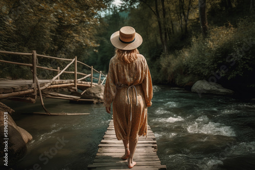 Boho girl walking at a tranquil riverbank with gentle rapids and a wooden footbridge, rear view. Travel light with ease and let nature guide you concept. Generative AI
