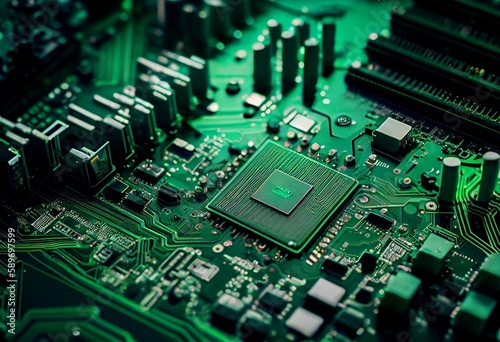 Kyiv Ukraine 1 May 2021 Green motherboard background Production of circuit board, electronic computer components Software engineering, hardware technology Technological digital. Generative AI
