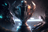 Huge metal steel cyberpunk winner award cup on battlefield of e-sports competition. Cybersports tournament contest trophy. Generative AI