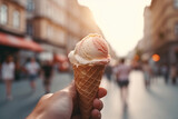 Enjoying the hustle and bustle of the city while savoring a mouthwatering ice cream at a sidewalk cafe. Generative AI.