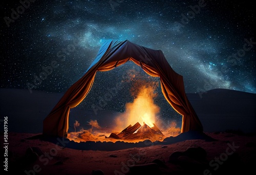   urning fire out of a tent in the desert at night  blue starry sky. Ramadan concept. AI generative. Generative AI