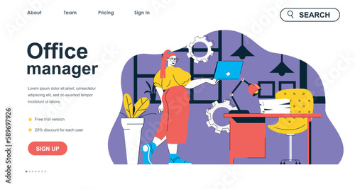 Office manager concept for landing page template. Woman working on laptop, maintains working conditions. Company workflow people scene. Vector illustration with flat character design for web banner