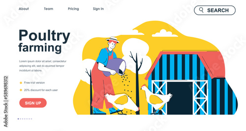 Poultry farming concept for landing page template. Farmer feeding chickens and works on farm. Aviculture and agribusiness people scene. Vector illustration with flat character design for web banner