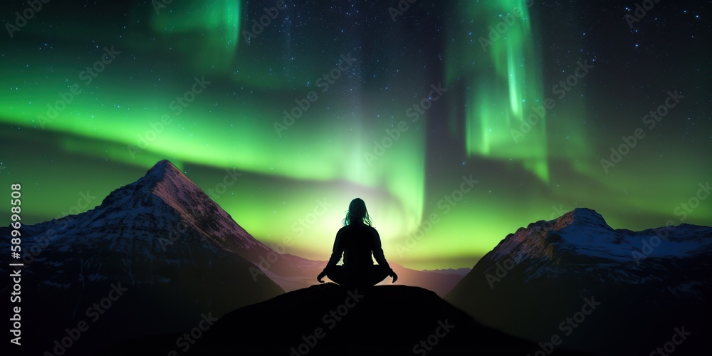 person meditating on mountaintop their body illuminated by the ethereal glow of aurora borealis, concept of Natural Wonders, created with Generative AI technology