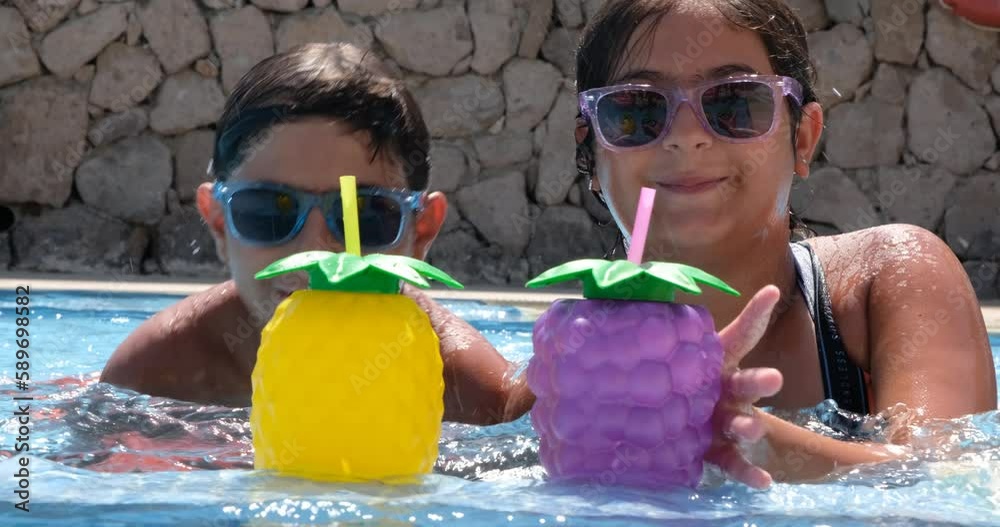 Cute 10 Years Old Girl And 12 Years Boy Swimming And Racing For