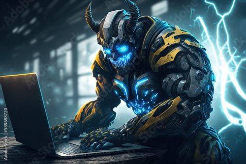 Sci-fi cyberpunk horned metal robotic villain transformer or MOBA character using laptop in hangar in cyberpunk city with neon lights. Gaming event poster or esports streamer avatar. Generative AI