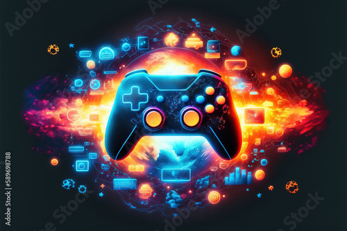 Abstract image of game controller in center on background with burning yellow fire and various digital devices. E-sports, cybersports concept. Generative AI