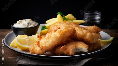 A plate of crispy fish and chips with a side of tartar sauce and lemon wedges. Generative AI