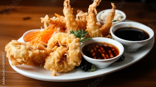 A plate of crispy tempura with shrimp, vegetables, and dipping sauces. Generative AI photo