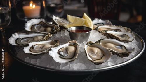 A platter of fresh oysters on the half shell, with lemon wedges and a mignonette sauce. Generative AI