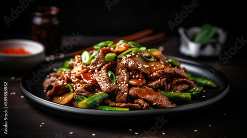 A plate of spicy stir-fry with tender beef, vegetables, and a flavorful sauce, garnished with sesame seeds and scallions. Generative AI photo