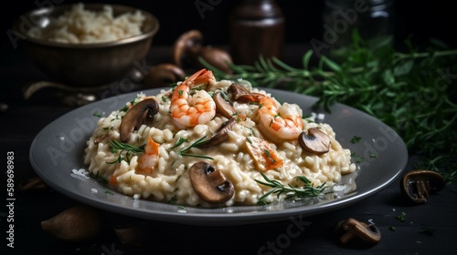 A plate of creamy risotto with plump shrimp, mushrooms, and a sprinkle of fresh herbs. Generative AI